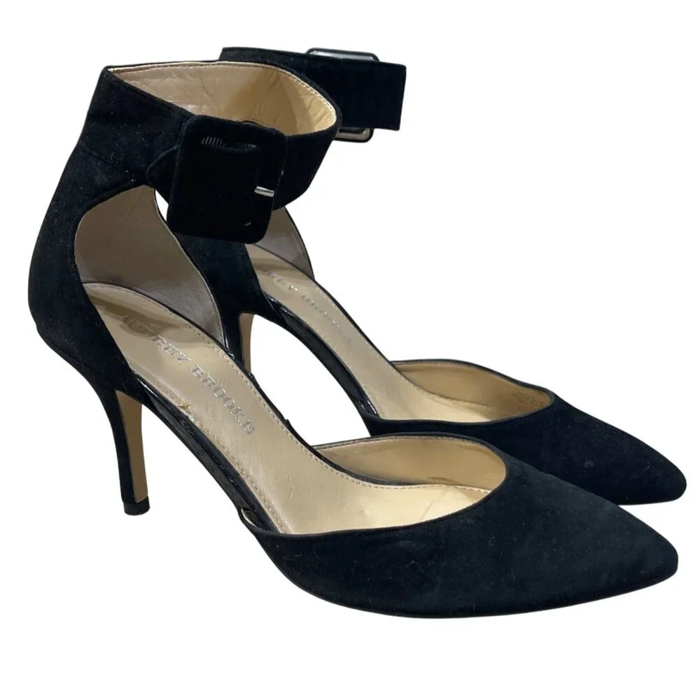 Audrey Brooke Hylda Black Size 6 Suede Pump Heel Ankle Buckle Strap - Picture 1 of 11